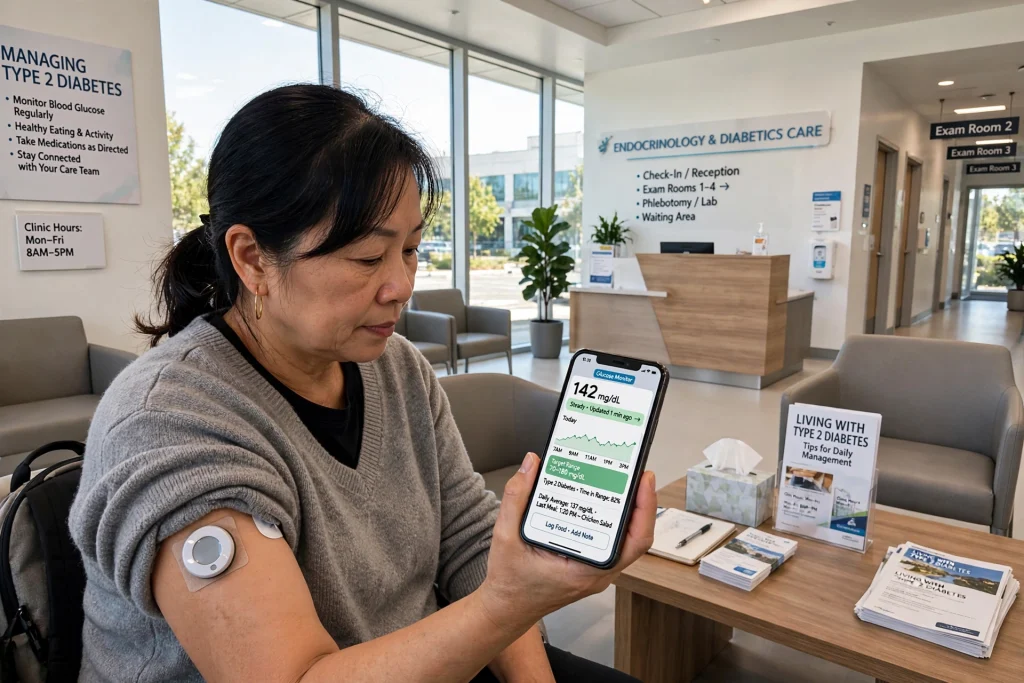 Continuous Glucose Monitors Help Type 2 Diabetes Patients, Major Trial Finds Adult with type 2 diabetes wearing a continuous glucose monitor and checking readings on a smartphone