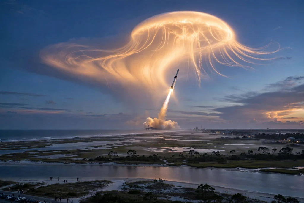SpaceX Launch Creates Stunning Jellyfish Cloud Over US East Coast SpaceX rocket launch creating a glowing jellyfish cloud at dawn over the US East Coast